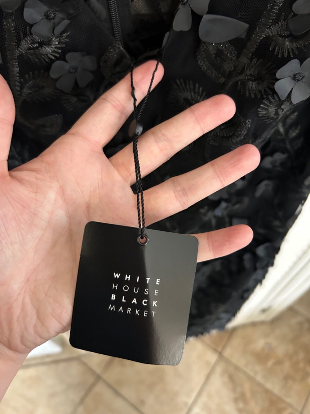 NWT White House black market Black sparkly Floral Appliqué V-Neck Cocktail Dress - Picture 5 of 8